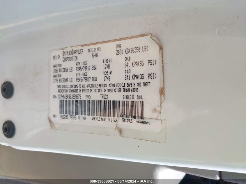 2002 Dodge Ram 1500 St VIN: 1D7HA16K42J259673 Lot: 39638921