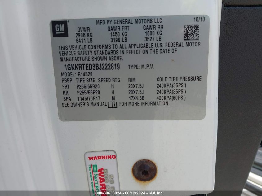 2011 GMC Acadia Denali VIN: 1GKKRTED3BJ222819 Lot: 39638924