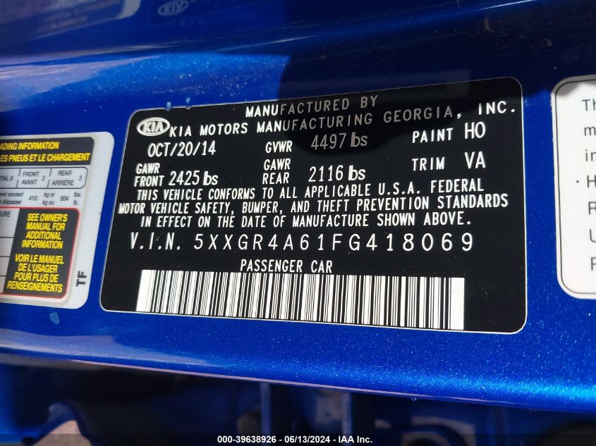 2015 Kia Optima Sx Turbo VIN: 5XXGR4A61FG418069 Lot: 39638926