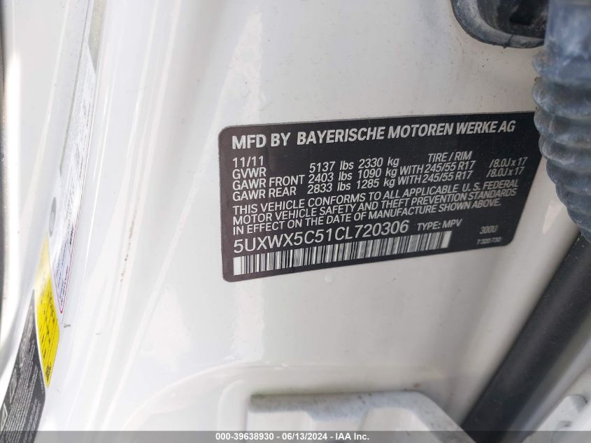 2012 BMW X3 xDrive28I VIN: 5UXWX5C51CL720306 Lot: 39638930