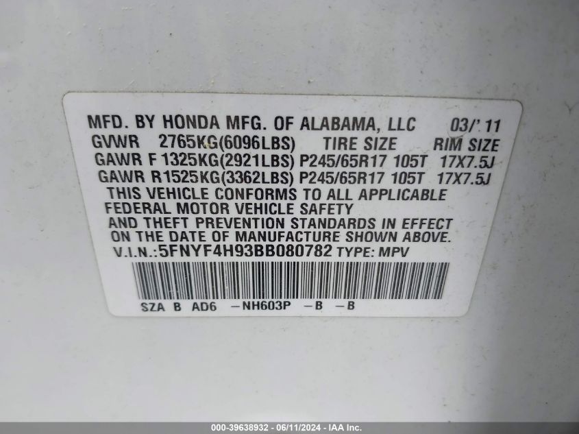 2011 Honda Pilot Touring VIN: 5FNYF4H93BB080782 Lot: 39638932