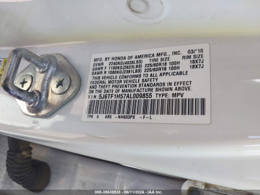 2010 Honda Accord Crosstour Ex-L VIN: 5J6TF1H57AL009855 Lot: 39638935