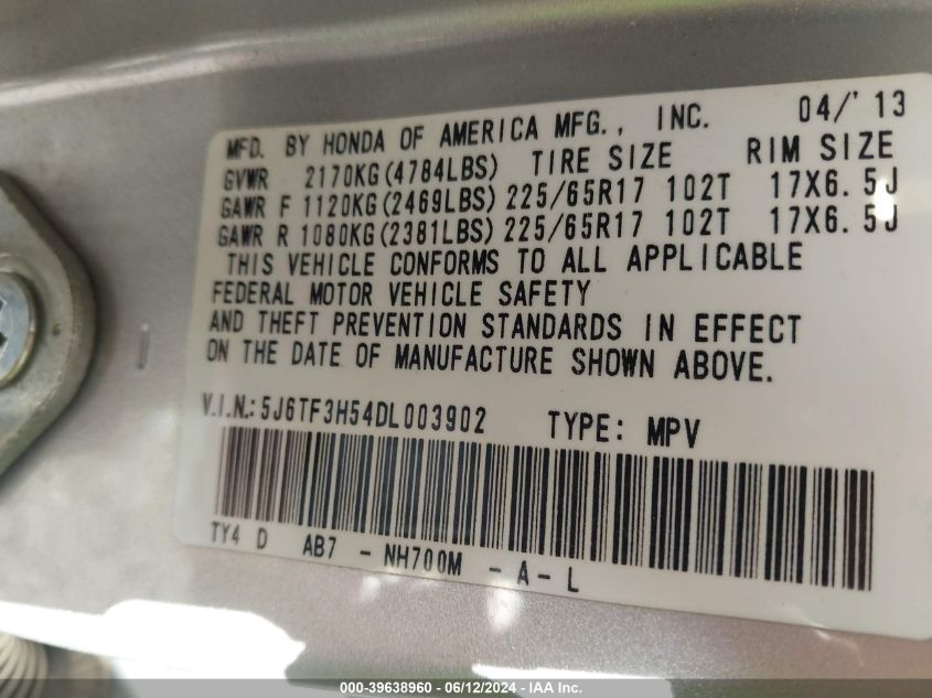 2013 Honda Crosstour Ex-L VIN: 5J6TF3H54DL003902 Lot: 39638960