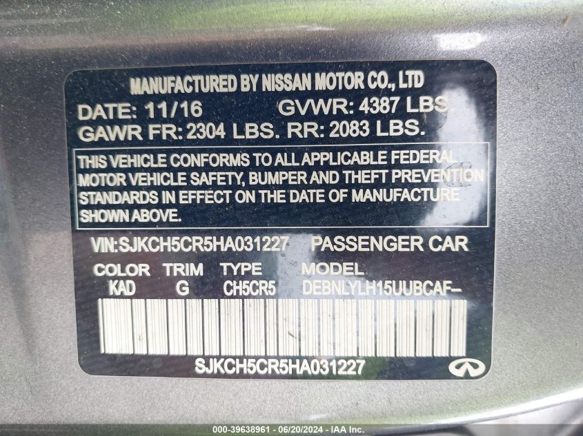 2017 Infiniti Qx30 Premium VIN: SJKCH5CR5HA031227 Lot: 39638961