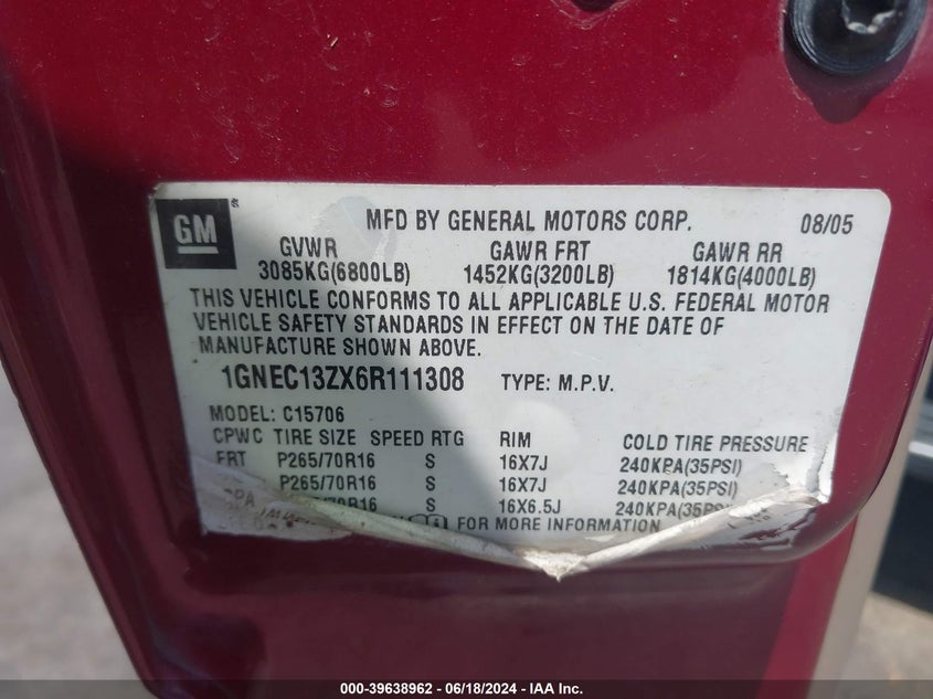 2006 Chevrolet Tahoe Ls VIN: 1GNEC13ZX6R111308 Lot: 39638962