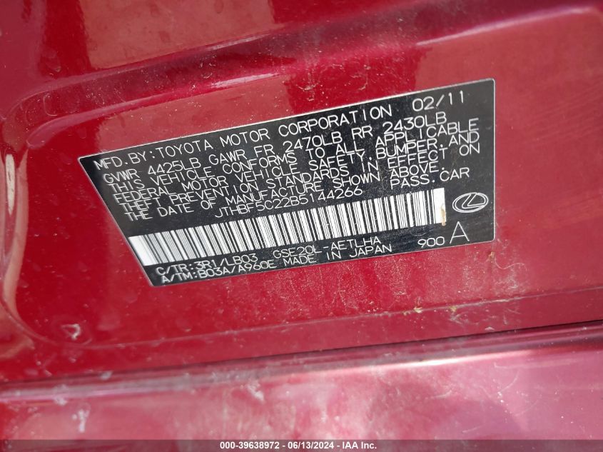 2011 Lexus Is 250 VIN: JTHBF5C22B5144266 Lot: 39638972