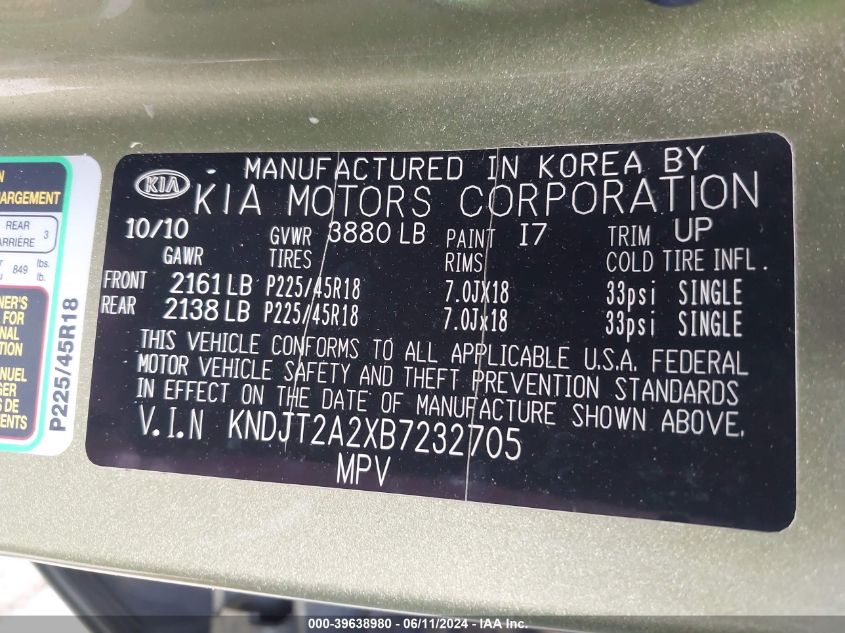 2011 Kia Soul ! VIN: KNDJT2A2XB7232705 Lot: 39638980