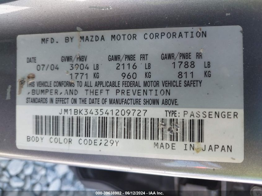 2004 Mazda Mazda3 S VIN: JM1BK343541209727 Lot: 39638982