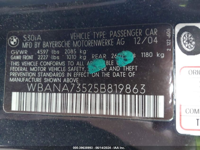 2005 BMW 530I VIN: WBANA73525B819863 Lot: 39638993