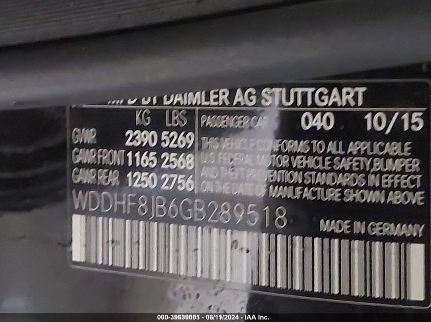 2016 Mercedes-Benz E 350 4Matic VIN: WDDHF8JB6GB289518 Lot: 39639001