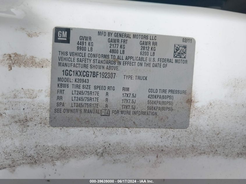 2011 Chevrolet Silverado K2500 Heavy Duty Lt VIN: 1GC1KXCG7BF192307 Lot: 39639000