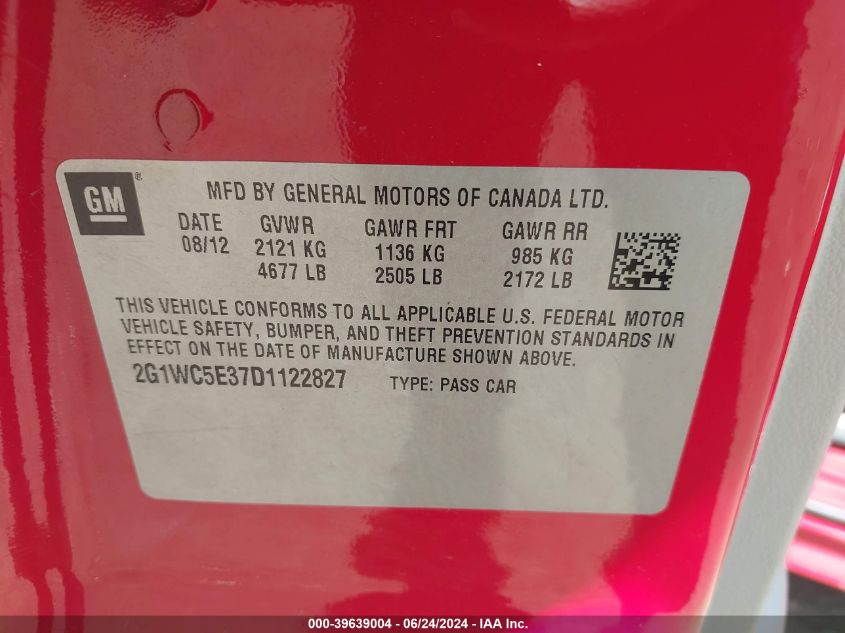 2013 Chevrolet Impala Ltz VIN: 2G1WC5E37D1122827 Lot: 39639004