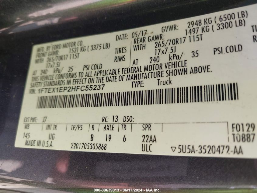 2017 Ford F-150 Xlt VIN: 1FTEX1EP2HFC55237 Lot: 39639013