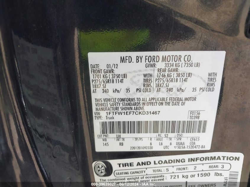2012 Ford F-150 Fx4 VIN: 1FTFW1EF7CKD31467 Lot: 39639027