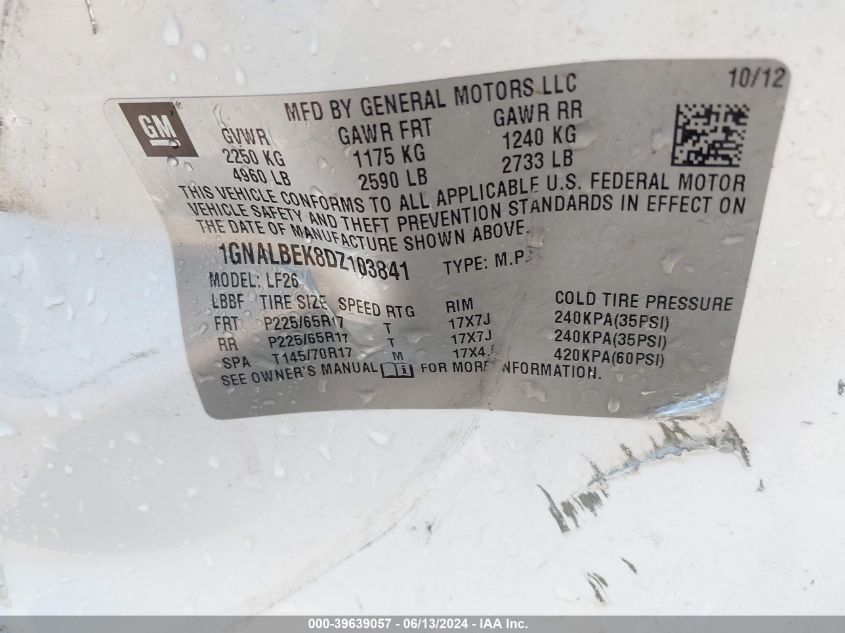 2013 Chevrolet Equinox Ls VIN: 5GNLBEKBDZ103841 Lot: 39639057