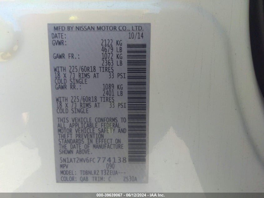 2015 Nissan Rogue Sl VIN: 5N1AT2MV6FC774138 Lot: 39639067