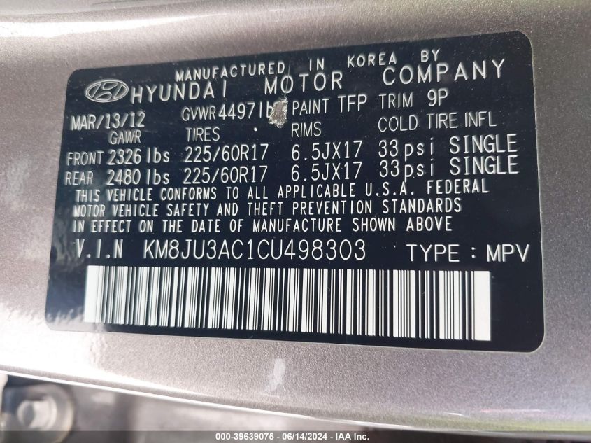 2012 Hyundai Tucson Gls VIN: KM8JU3AC1CU498303 Lot: 39639075