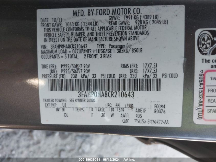 2012 Ford Fusion Se VIN: 3FAHP0HA8CR210643 Lot: 39639091