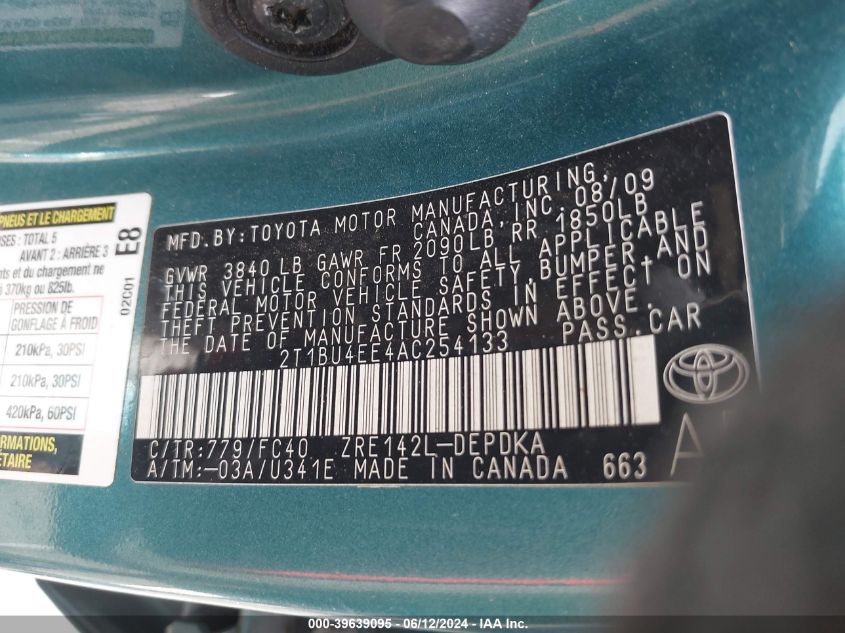 2010 Toyota Corolla Le VIN: 2T1BU4EE4AC254133 Lot: 39639095