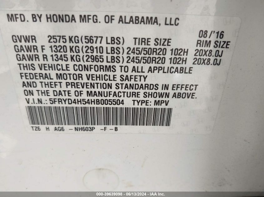 2017 Acura Mdx Technology Package VIN: 5FRYD4H54HB005504 Lot: 39639098