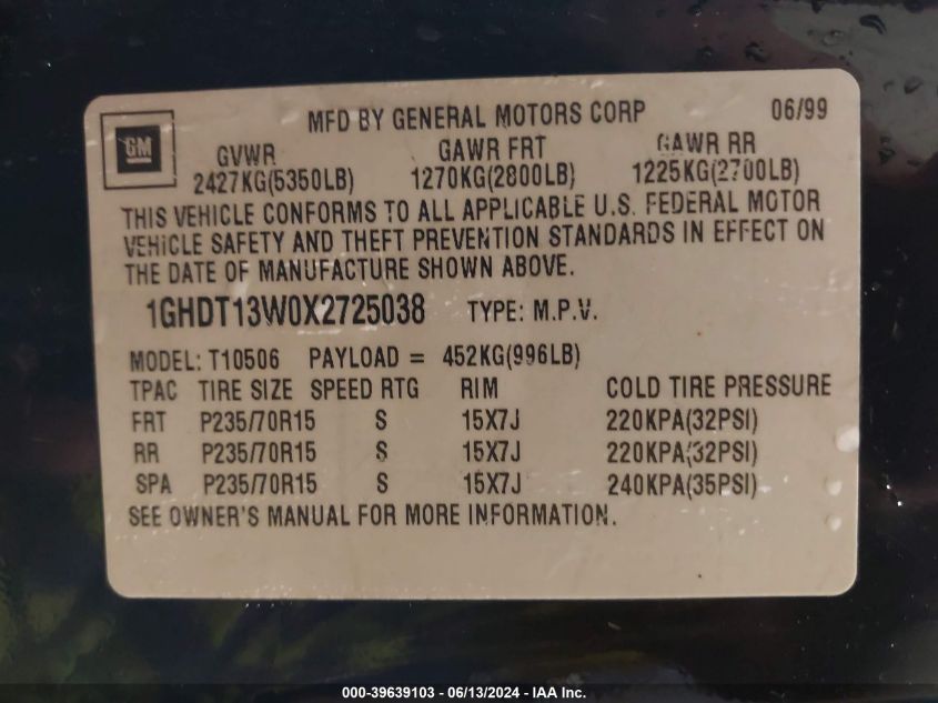 1GHDT13W0X2725038 1999 Oldsmobile Bravada