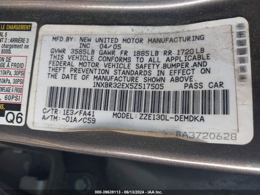 2005 Toyota Corolla Ce VIN: 1NXBR32EX5Z517505 Lot: 39639113