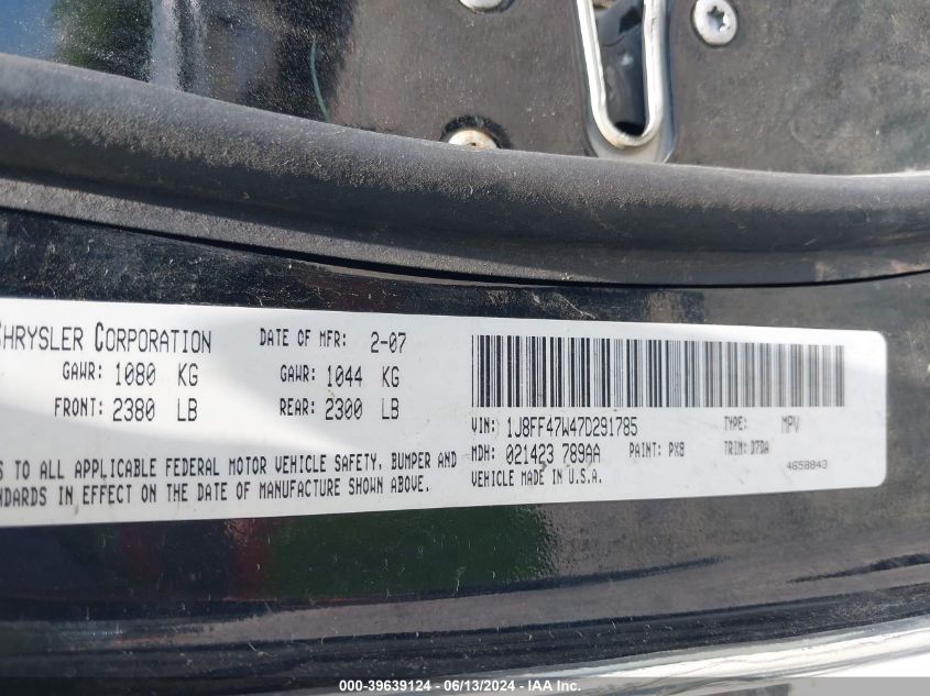2007 Jeep Compass Sport VIN: 1J8FF47W47D291785 Lot: 39639124