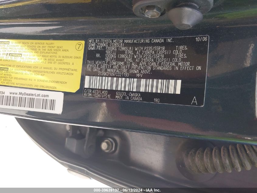 2007 Lexus Rx 350 VIN: 2T2GK31U97C021193 Lot: 39639137