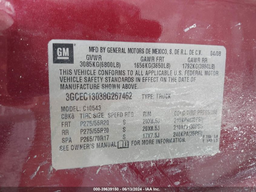 2008 Chevrolet Silverado 1500 Lt1 VIN: 3GCEC13038G267462 Lot: 39639150