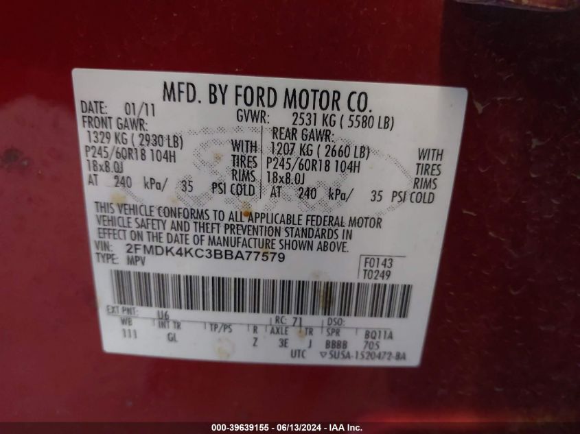 2011 Ford Edge Limited VIN: 2FMDK4KC3BBA77579 Lot: 39639155