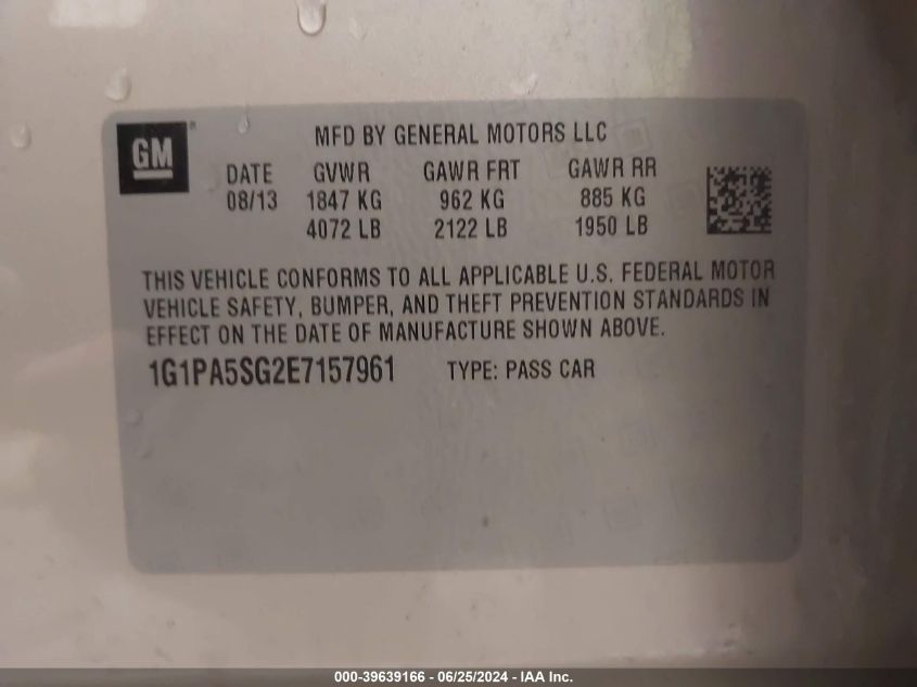 2014 Chevrolet Cruze Ls Auto VIN: 1G1PA5SG2E7157961 Lot: 39639166