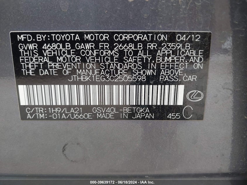 2012 Lexus Es 350 VIN: JTHBK1EG3C2505598 Lot: 39639172