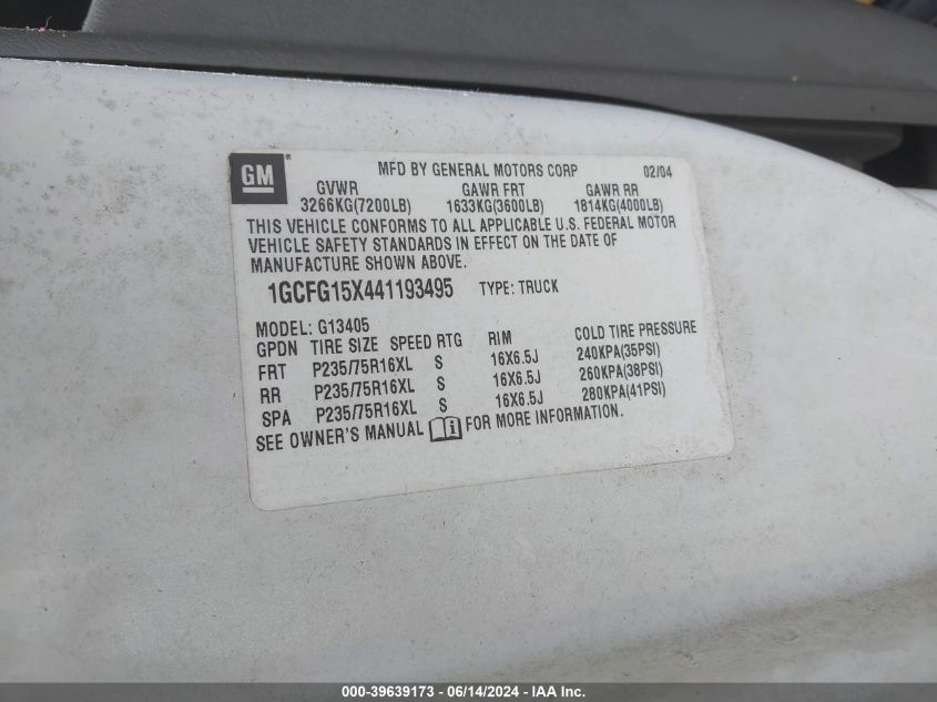 2004 Chevrolet Express VIN: 1GCFG15X441193495 Lot: 39639173