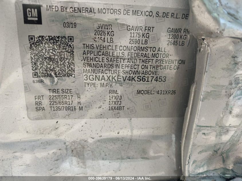 2019 Chevrolet Equinox Lt VIN: 3GNAXKEV4KS617453 Lot: 39639179