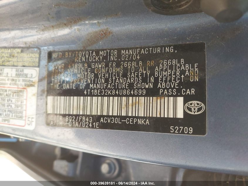 2004 Toyota Camry Le VIN: 4T1BE32K84U864699 Lot: 39639181