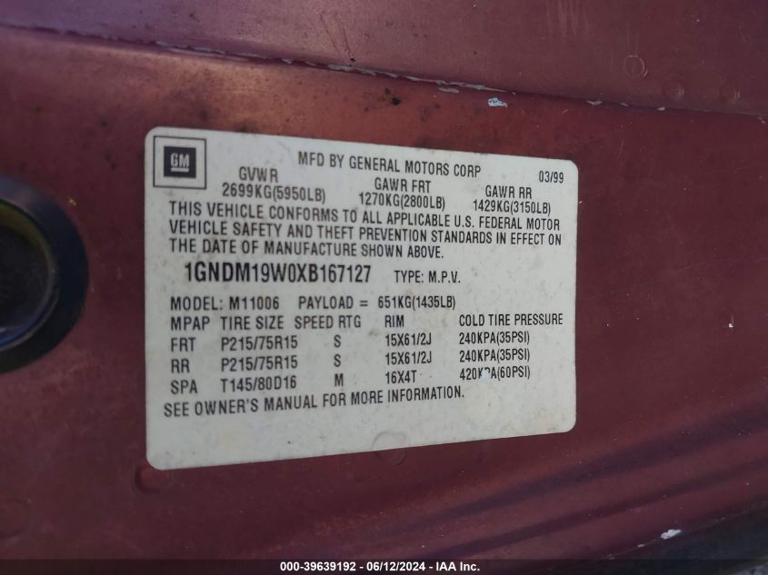 1999 Chevrolet Astro VIN: 1GNDM19W0XB167127 Lot: 39639192