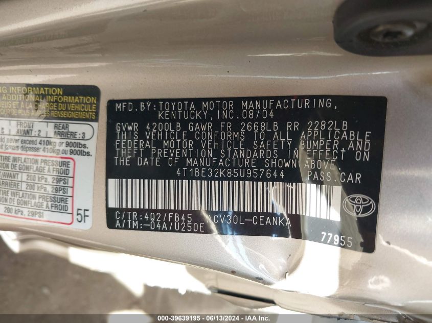 2005 Toyota Camry Le VIN: 4T1BE32K85U957644 Lot: 39639195
