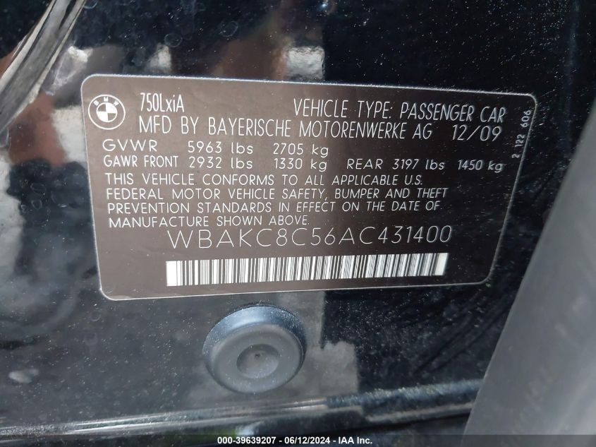 2010 BMW 750Li xDrive VIN: WBAKC8C56AC431400 Lot: 39639207