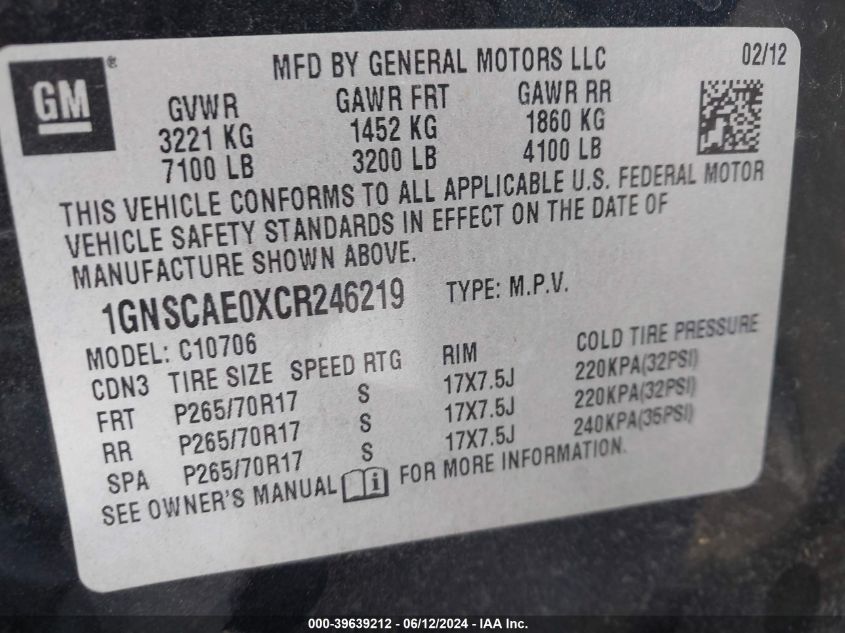 2012 Chevrolet Tahoe Ls VIN: 1GNSCAE0XCR246219 Lot: 39639212