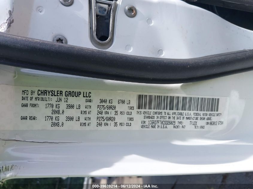 2012 Ram 1500 St VIN: 1C6RD7FT0CS326029 Lot: 39639214