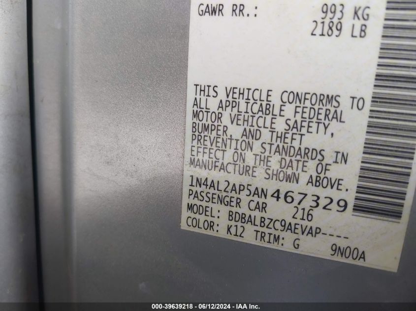 2010 Nissan Altima 2.5 S VIN: 1N4AL2AP5AN467329 Lot: 39639218