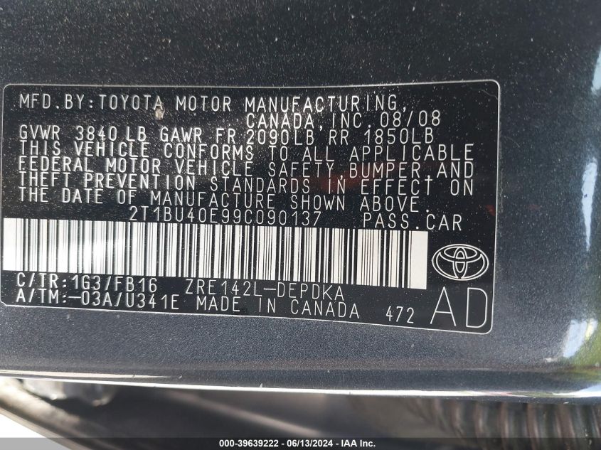 2009 Toyota Corolla Le VIN: 2T1BU40E99C090137 Lot: 39639222