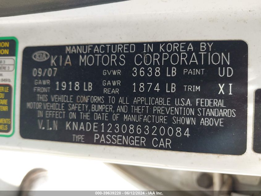 2008 Kia Rio Lx VIN: KNADE123086320084 Lot: 39639228