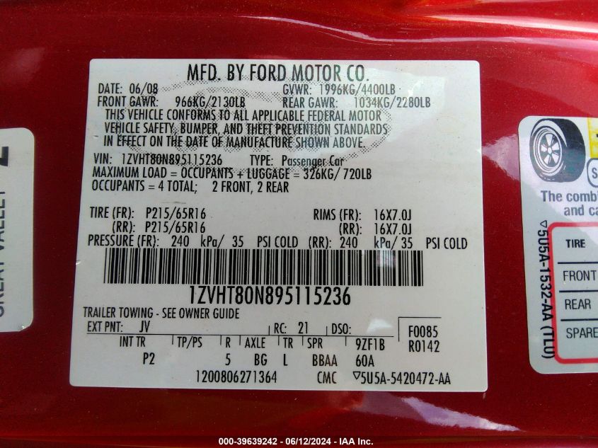 2009 Ford Mustang V6/V6 Premium VIN: 1ZVHT80N895115236 Lot: 39639242