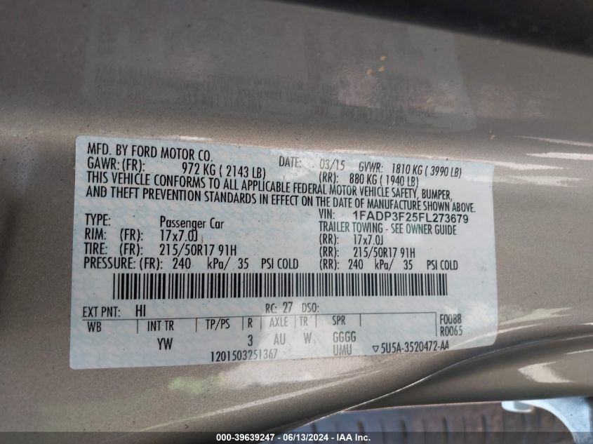 2015 Ford Focus Se VIN: 1FADP3F25FL273679 Lot: 39639247