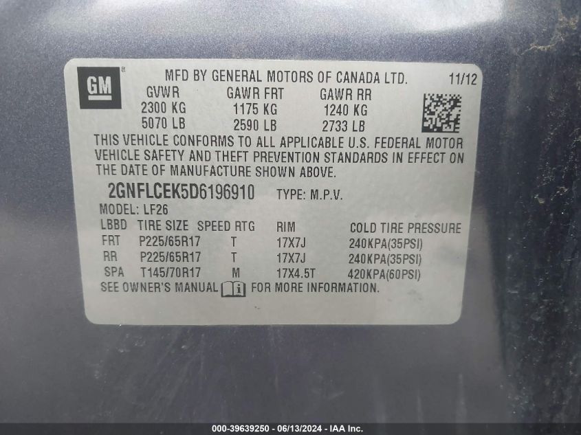 2013 Chevrolet Equinox Ls VIN: 2GNFLCEK5D6196910 Lot: 39639250