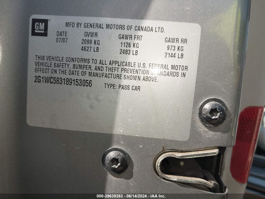 2008 Chevrolet Impala Lt VIN: 2G1WC583189153056 Lot: 39639263