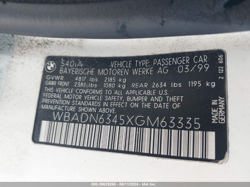 1999 BMW 540Ia VIN: WBADN6345XGM63335 Lot: 39639265