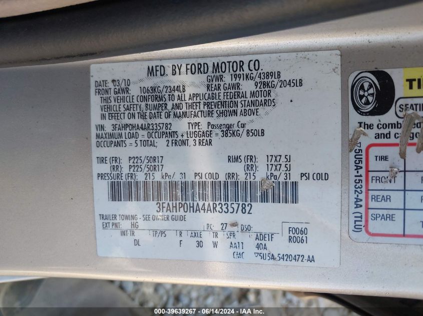 2010 Ford Fusion Se VIN: 3FAHP0HA4AR335782 Lot: 39639267