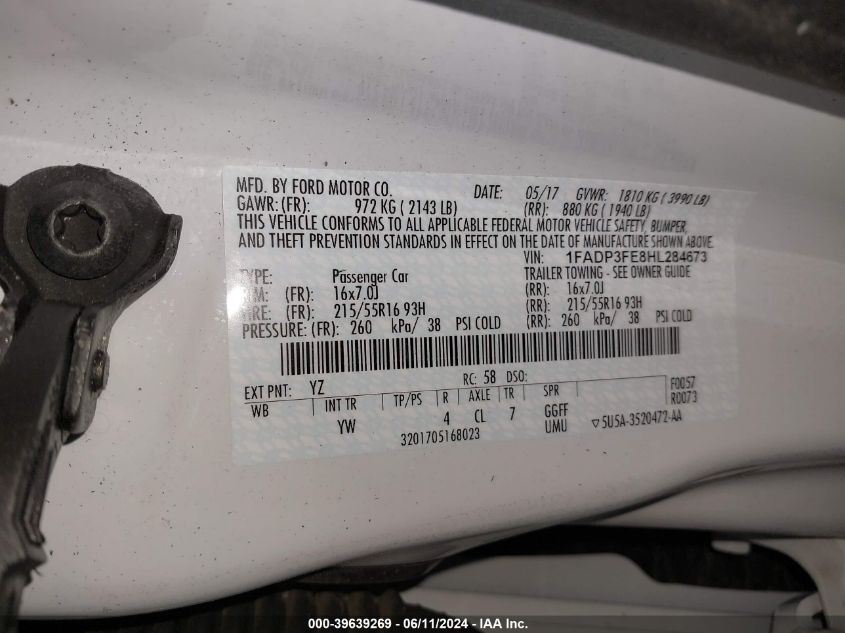 2017 Ford Focus Se VIN: 1FADP3FE8HL284673 Lot: 39639269